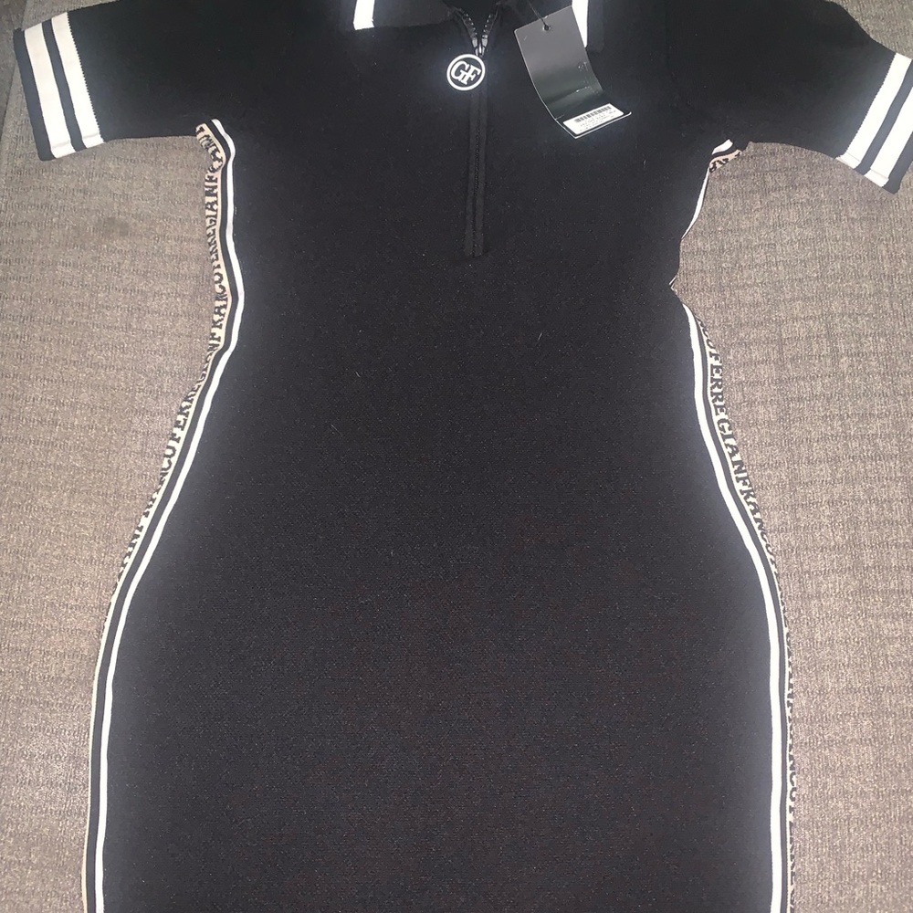 Black Short Sleeve Dress with White Stripes